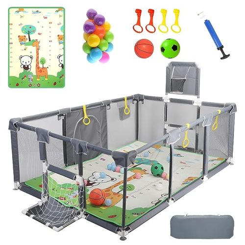 Upgrated Baby Playpen with Mat, Playpen for Babies and Toddlers, Large Playpen with Mat, Sport Playpen, Play Pen with Accessories, Baby Play Yards, PlayPen Indoor & Outdoor Activity, Sturdy Kids - Grey