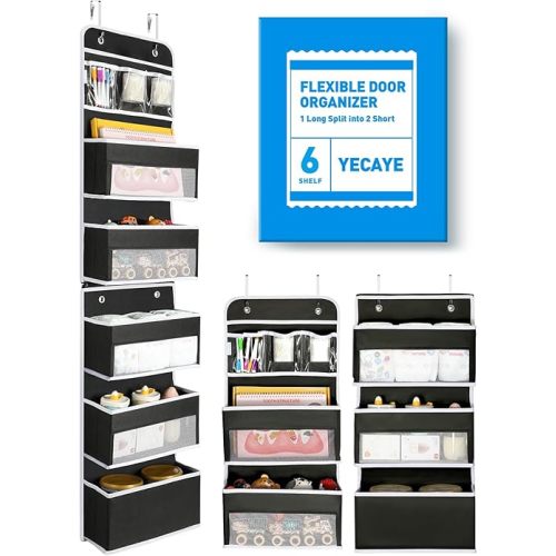 Yecaye 6-Tier Over The Door Storage Organizer, Flexible 1 Split into 2 Swing-Proof Hanging Bathroom Organizer, Bedroom Organizers and Storage for Newborn Baby Essentials, Black