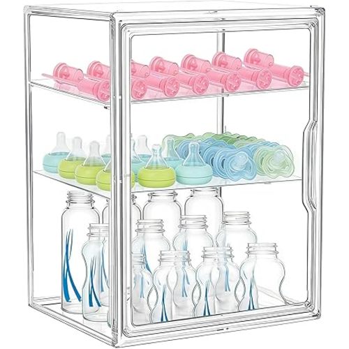 Baby Bottle Organizer for Countertop 3 Tier Bottle Storage Holder Baby Bottles Station Organization Acrylic Case Container with Magnetic Door and Handle for Bottles,Nipples and Pump Accessories Clear