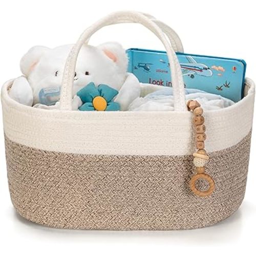 Large Diaper Caddy Organizer, Baby Storage Basket, Nursery Bin and Car Organizer for Diapers, Gift Basket for Baby Shower List or Newborn Essentials, Boys and Girls - White and Beige Brown