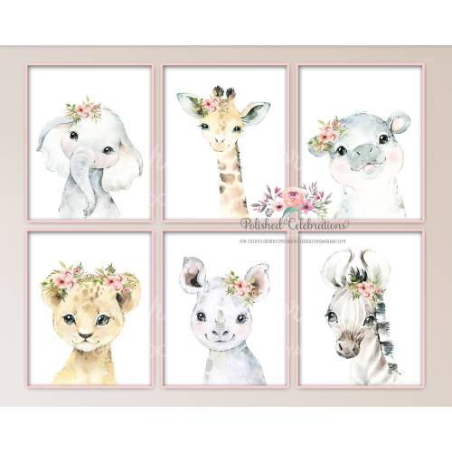Blush Safari Animal Nursery Art / Set of 6 Safari Nursery Prints / Zoo Animals / Pink Flower Nursery Decor / Baby Girl Nursery Prints