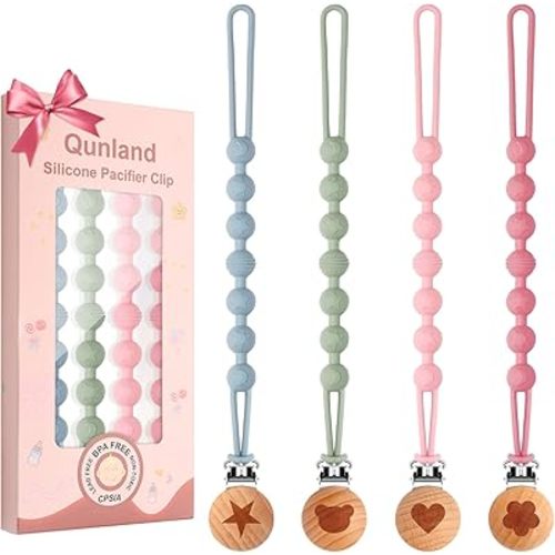Silicone Pacifier Clip Holder for Baby Girls and Boys, 4-Pack One-Piece Soft Flexible Binky Clips Holder with Cute Texture, Newborn Baby Essentials for Teething Relief, Birthday Christmas Shower Gift