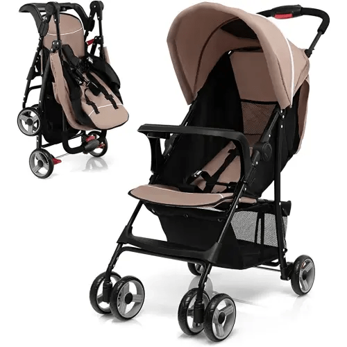 HONEY JOY Travel Stroller, Quick Fold Lightweight Baby Umbrella Stroller for Airplane, Adjustable Canopy & Backrest, Storage Basket, Removable Meal Tray, Compact Stroller Newborn and Toddler(Coffee)