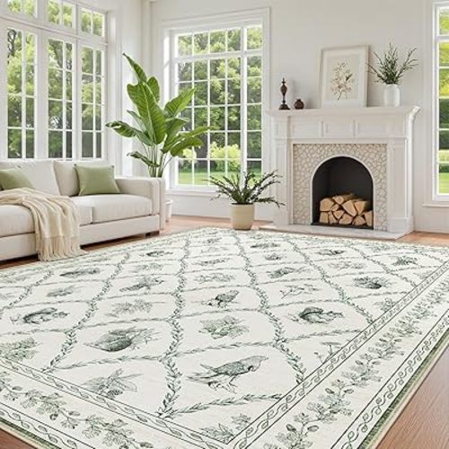 Olive Green Area Rugs 9x12 Living Room,Washable Vintage Boho Floral Animal Print Rug for Bedroom,Farmhouse Extra Large Non Slip Soft Faux Wool Carpet for Dining Room Playroom