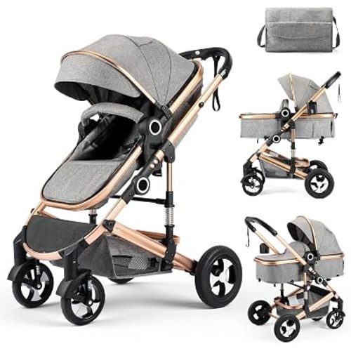 Kinder King 2 in 1 Convertible Baby Stroller, Diaper Bag, Gold
