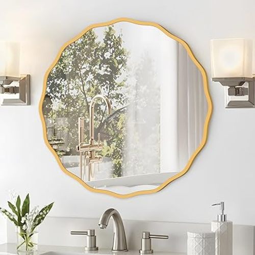 Round Mirror for Wall Decorative 20 inch Modern Gold Wavy Mirror Whit Wood Frame Circle Wall Mirror for Bathroom Bedroom Living Room Home House Office Entryway