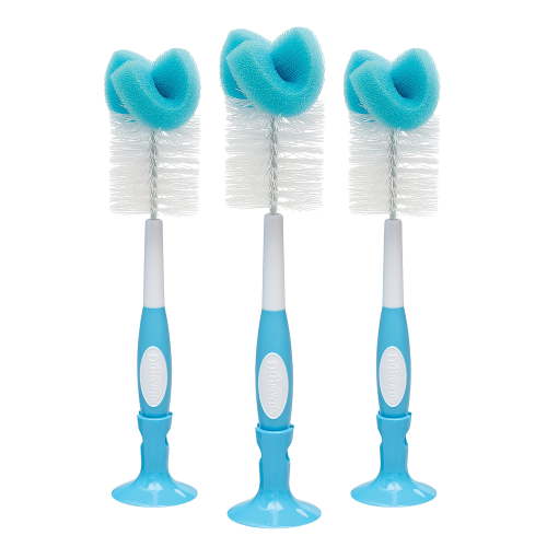 Dr. Brown's Baby Bottle Brush with Suction Cup Stand, Sponge, Scrubber & Nipple Cleaner Blue, 3 Pack