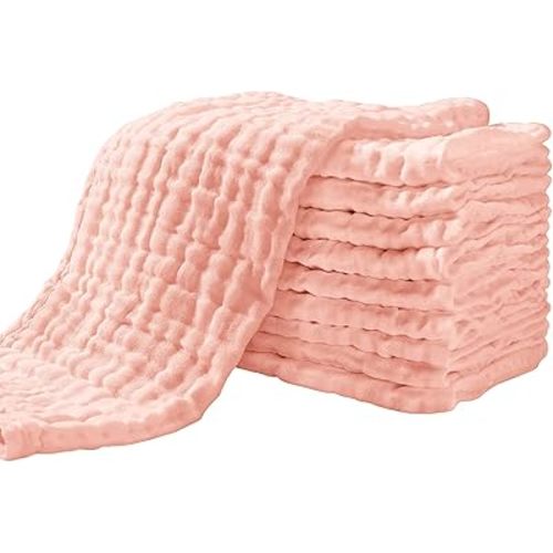 Yoofoss Muslin Burp Cloths for Baby 10 Pack 100% Cotton Baby Washcloths for Boys Girls Large 20''X10'' Super Soft and Absorbent Blush