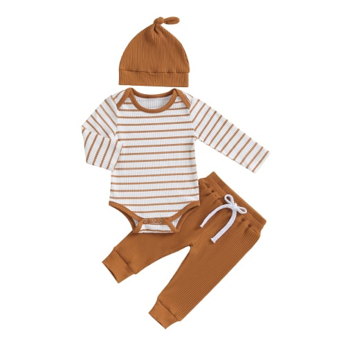 3pcs Newborn Baby Girl Boy Pants Set Long Sleeve Striped Romper Tops + Trousers + Hat