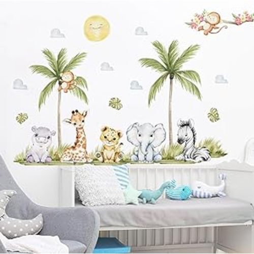 56.29 x 44.88 Inch Watercolor Animal Wall Decals Jungle Animal Wall Stickers Tiger Elephant Zebra Giraffe Monkey Hippo Wall Stickers for Baby Nursery Bedroom Classroom Kindergarten Wall Decor - Style 15