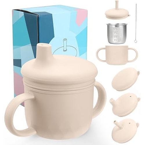 Mity rain 3-In-1 Stainless Steel Sippy Cup for 6+ Month Old, Baby Straw Cups for Toddlers 1-3 with Travel Lid, Silicone Straw, Replacement Straw & Cleaning Brush - 8oz Toddler Cups Spill Proof Set