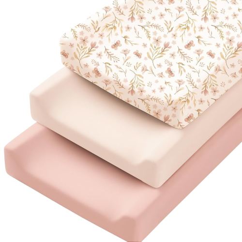 Konssy 3 Pack Stretchy Changing Pad Covers for Girl, Boy, Silky Soft Changing Table Cover, Breathable Baby Nursery Diaper Chang Pad Sheets (Pink Spring)