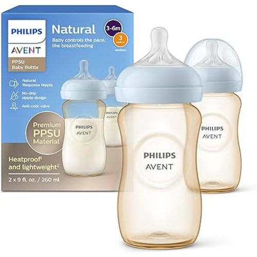 Philips Avent PPSU Natural Baby Bottles - with Medium Flow Nipples (Flow 3), 9oz, 2-Pack, SCY943/12