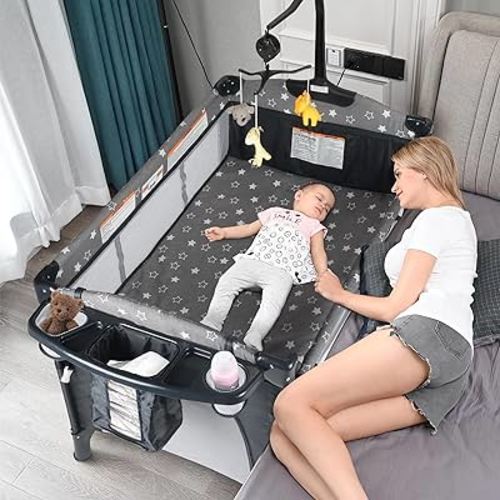 Bedside Bassinet for Baby, Portable Baby Crib with Mosquito Net, Mattress, Diaper Changer, Playpen for Newborn to Toddles, Pack and Play with Bassinet, 5 in 1 Bedside Crib