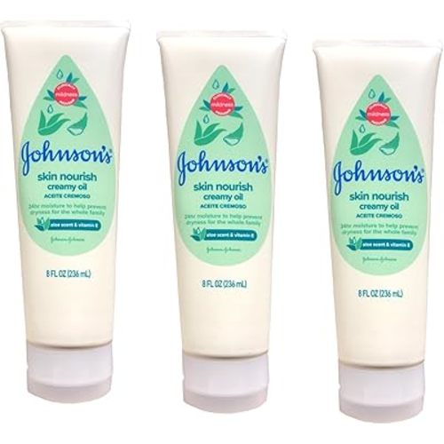 Johnson's Baby Creamy Oil with Aloe & Vitamin E, Moisturizing Baby Body Lotion for Delicate Skin, Hypoallergenic and Free of Parabens, Phthalates, and Dyes, 8 Fl Oz, Pack of 3