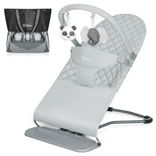 Orzbow Portable Baby Bouncer, Foldable Baby Bouncer Seat with Storage Bag and Removable Play Bar, 3 Recline Positions, 0-12 Months Up to 20lbs, Ergonomic Design, Easy to Wash, Gray