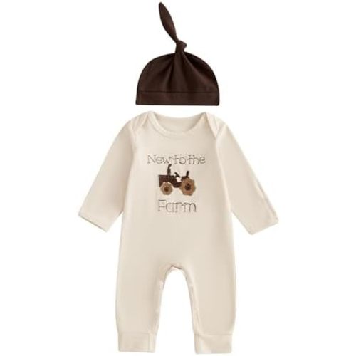 Omkzanbi New to the Farm Romper Baby Boy Tractor Embroidery Jumpsuit Hat Cute 2Pcs Newborn Coming Home Hospital Outfit 0-6M