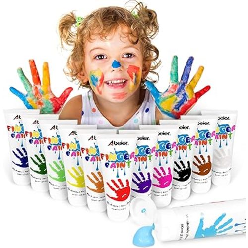 ABEIER Washable Finger Paint for Toddlers, Safe Non-Toxic, 12 x 2oz Vibrant Colors, Baby Safe Paint for Hand and Feet, Mess Free Art Supplies for Kids, Preschool Learning Gifts, Ages 1-3 4 5 6+