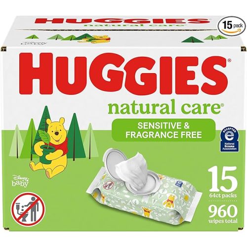 Huggies Natural Care Sensitive Baby Wipes, Unscented, Hypoallergenic, 99% Purified Water, 15 Flip-Top Packs (960 Wipes Total) - 64 Count (Pack of 15)