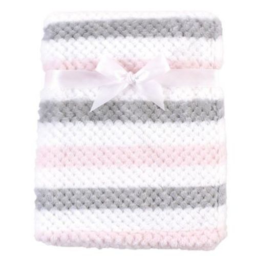 Hudson Baby Infant Girl Plush Waffle Blanket, Pink Gray Stripe, One Size