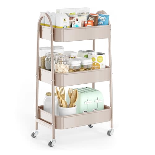 EAGMAK 3 Tier Utility Rolling Cart, Metal Storage Cart with Handle and Lockable Wheels, Multifunctional Storage Organizer Trolley with Mesh Baskets for Kitchen, Living Room, Office, Garage (Beige)