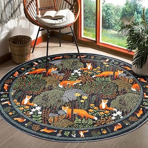 Cute Botanical 5ft Round Area Rug in Black Green Washable, Thin Profile Vintage Floral Cottagecore Rustic Bedroom Rug, Cute Summer Tropical Jungle Nature Area Rug for Living Room Entryway Kitchen