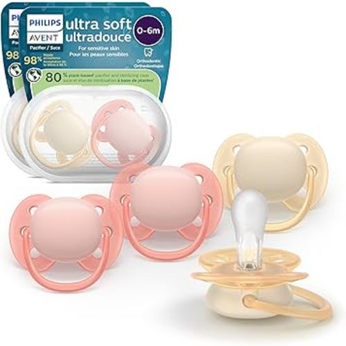Philips Avent Ultra Soft Pacifiers - Orthodontic Design, for Babies 0-6 Months, Flexible Shield, Silicone Symmetrical Nipple, BPA-Free, 2 Sterilizing Cases, 4 Pack, SCF091/47
