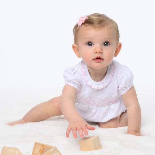 Baby Girl Smocked Bubble - Peruvian Pima Cotton - White with Pink Trim – Magnolia Baby