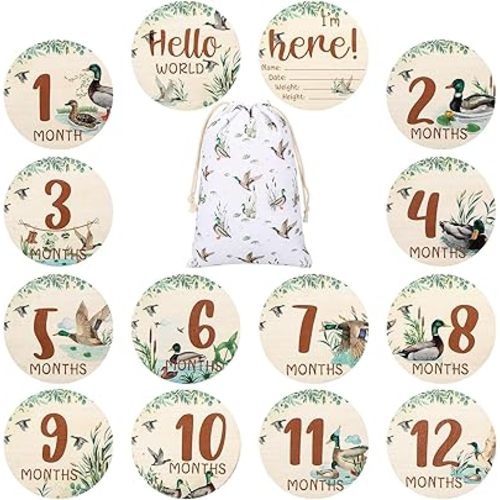 Novabright 7 Pack Mallard Duck Baby Shower Monthly Milestone Cards Signs Baby Announcement Sign Name Hello World Newborn Signs Wooden Double Sided for Welcome Newborn Shower Boy Girl Photo Props