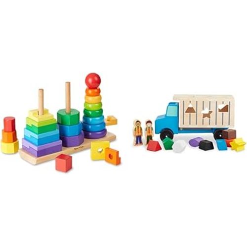 Melissa & Doug Geometric Stacker and Shape-Sorting Wooden Dump Truck Toy Bundle