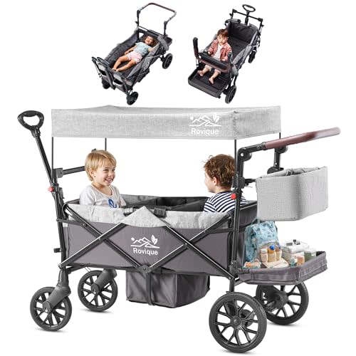 Rovique Wagon Stroller for 2 Kids, Foldable Toddler Wagon with Canopy & Removable Tray, Zipper Door, Full Suspension with 5-Point Harness, Stroller Organizer, Adjustable Handle, for 6+ Months