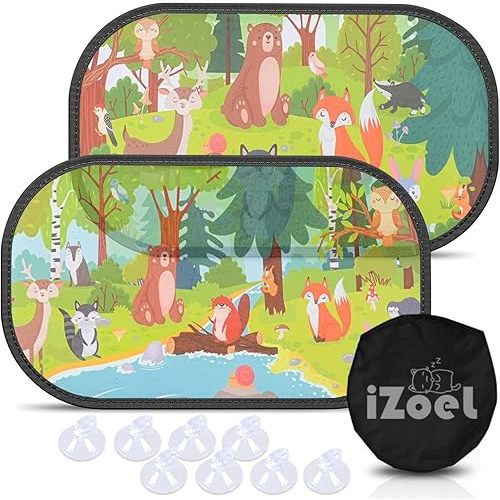 MOVINPE Car Sun Shade for Baby Kids 2 Pack Static Cling Side Window Car 80GSM Rear Sunshades Universal with 8 Suction Cups and Storage Bag - Sun Glare and UV Rays Protection (Forest Animals)