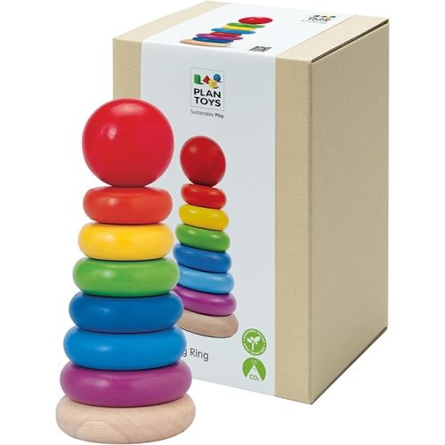 PlanToys® Wooden Stacking Ring for Montessori Inspired Fine Motor and Early Learning | Color Recognition, Problem Solving and Size Ordering Activity | Eco Friendly Wooden Stack Toy for Creative Play