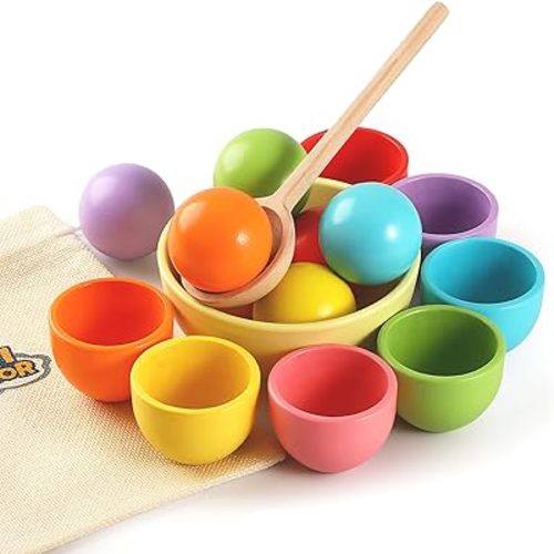Montessori Larger Ball in Cup Color Sorting Toy for Toddlers Wooden Rainbow Ball Color Matching Toy - 7 Ball 46mm