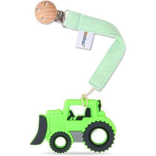 Baby Food Grade Silicone Car Teether Toy with Pacifier Clip Holder,Teething Pain Relief Toys Gift Set for 3 Months+ Boys and Girls,Freezer Safe,BPA Free (Bulldozer, Green)
