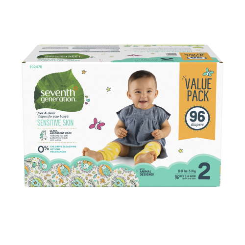 Seventh Generation Baby Diapers, Free & Clear, Size 2, 12-18 lbs, 96 Diapers (Value Pack)