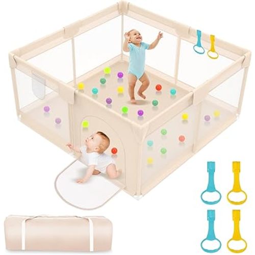 Playpen for Babies and Toddlers 50x50 inch - Baby Gate Playyard with Soft Breathable Mesh Cover - Indoor and Outdoor Baby Play Pen - Portable Playpen for Babies (Apricot)