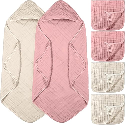 6 Pcs Muslin Hooded Baby Bath Towel and Washcloth Set,Dark Pink,Brown