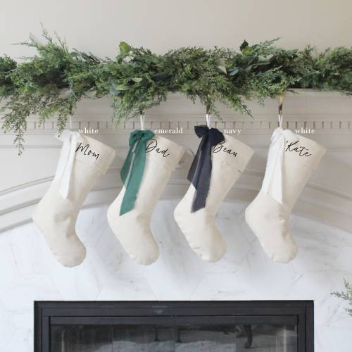 Personalized Bow Christmas Stockings | Custom Natural Linen Xmas Stocking with Bow | Neutral Family Christmas Stocking | Farmhouse Stockings