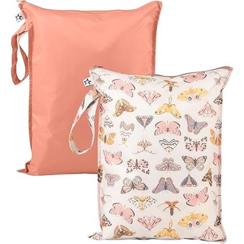 Tiny Twinkle Mess-proof Waterproof Wet Dry Bag | 2 Pack Reusable for Swimsuits, Gym & Baby Clothes | Leakproof Wet Clothes Bag, Beach Travel Essentials (Flutter)