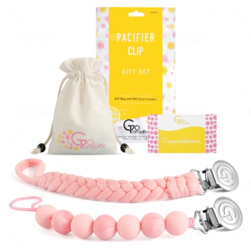 Teething Pacifier Clips Pink - BPA Free Silicone Beaded Binky Holder & Soft Chewable Braided Cotton Teether Toy Leash Baby Shower Gift (Pink)