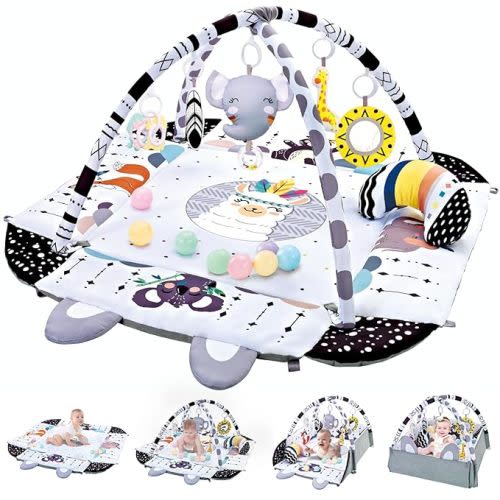 TFDER Baby Gym Play Mat, 8-in-1 Tummy Time Mat & Activity Gym, Washable Ball Pit with 18 Balls, Infant Play Mat with Detachable Toys for Sensory Exploration and Motor Skill Development, Gifts for Baby - Black White