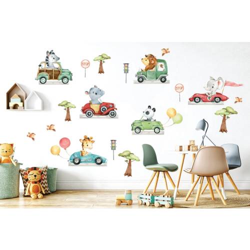 Safari animals Nursery wall decal, Transport wall sticker, Vehicles wall decal, Watercolor animals, Boys Cars Wall Decal