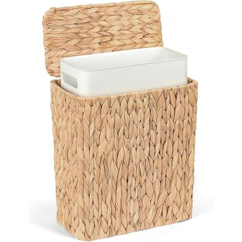 iEGrow Wicker Trash Can, Bathroom Trash Can with Lid, 3 Gallon Natural Water Hyacinth Waste Basket with Removable Liner, for Bedroom, Living Room, Toilet, Under Sink