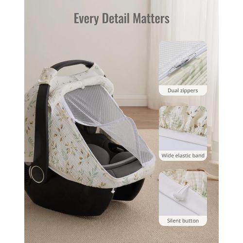Blissful Diary Baby Car Seat Cover, Extra Large Mesh Window, Breathable Muslin Cotton, Infant Windproof Canopy, Must-Have Baby Gift - Botanical Leaf