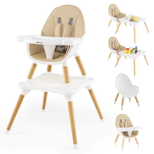 HONEY JOY Baby High Chair, 5-in-1 Convertible Wooden Highchair for Babies and Toddlers/Table and Chairs Set/Toddler Chair with Safety Harness, 4-Position Removable Feeding Tray(Khaki)