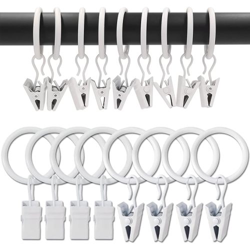 100 Pack Metal Curtain Rings with Clips, Drapery Clips with Rings, Drapes Rings 1 inch Inner Diameter, Fits Diameter 5/8 inch Curtain Rods, White