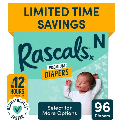 Rascals, Baby Diapers, 96 Ct, Newborn Size with Hydrolock Core‚Ñ¢