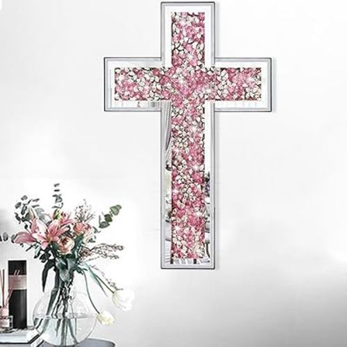 Uaussi Crushed Diamond Mirrored Wall Cross Glass Mirror Crystal Cross for Wall Table 15.7x10 Inch Decorative Home Décor-Pink
