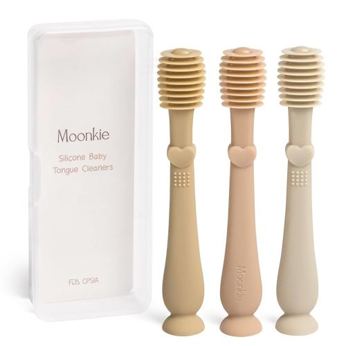 Moonkie Baby Tongue Cleaner, Toddler Toothbrush, Baby Oral Cleaner Newborn Kit for 3 Months+, 3 Pcs (Croissant/Apricot/Sand)